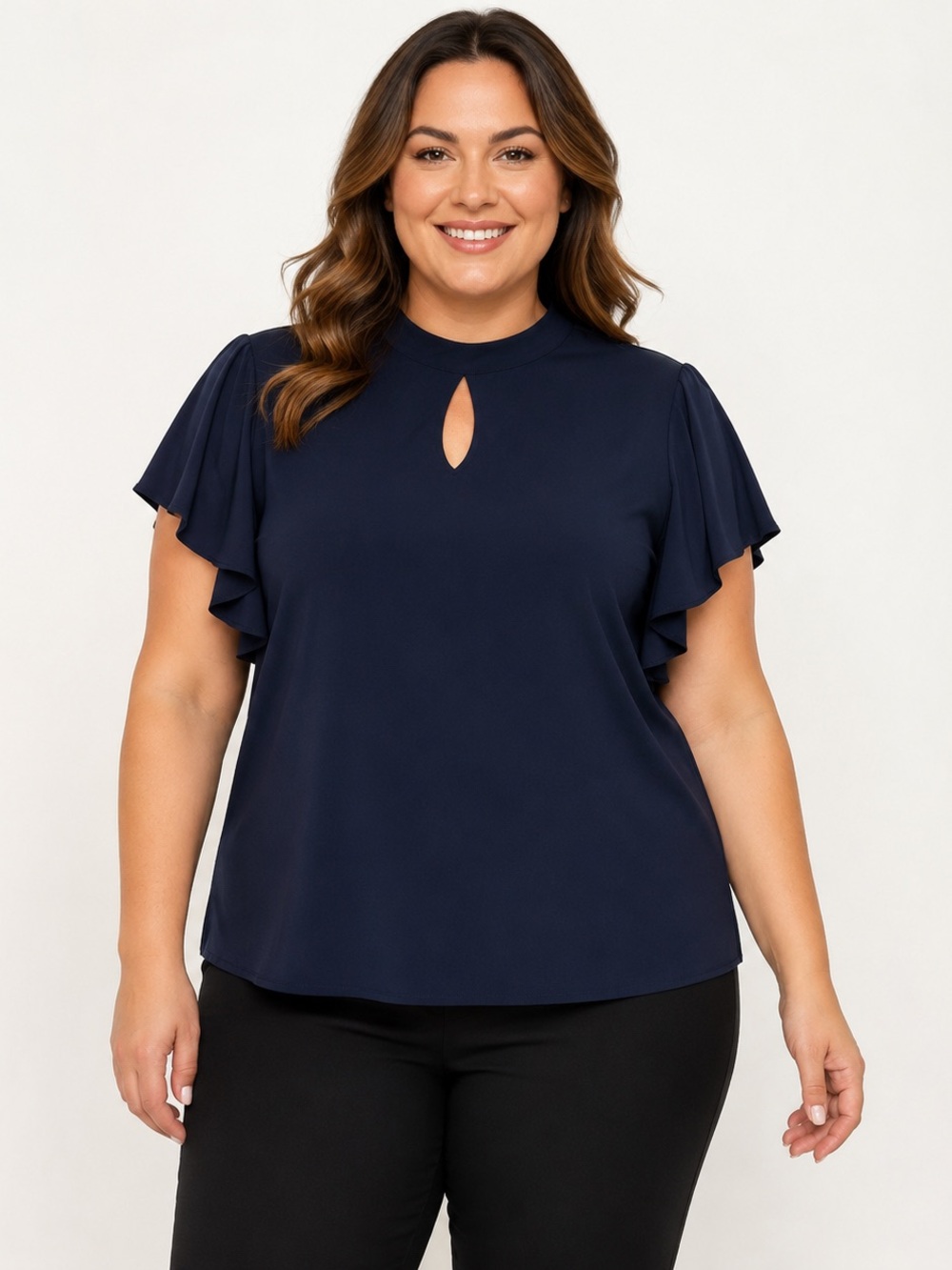 Adrianna Papell Navy Keyhole Flutter Sleeve Blouse XL